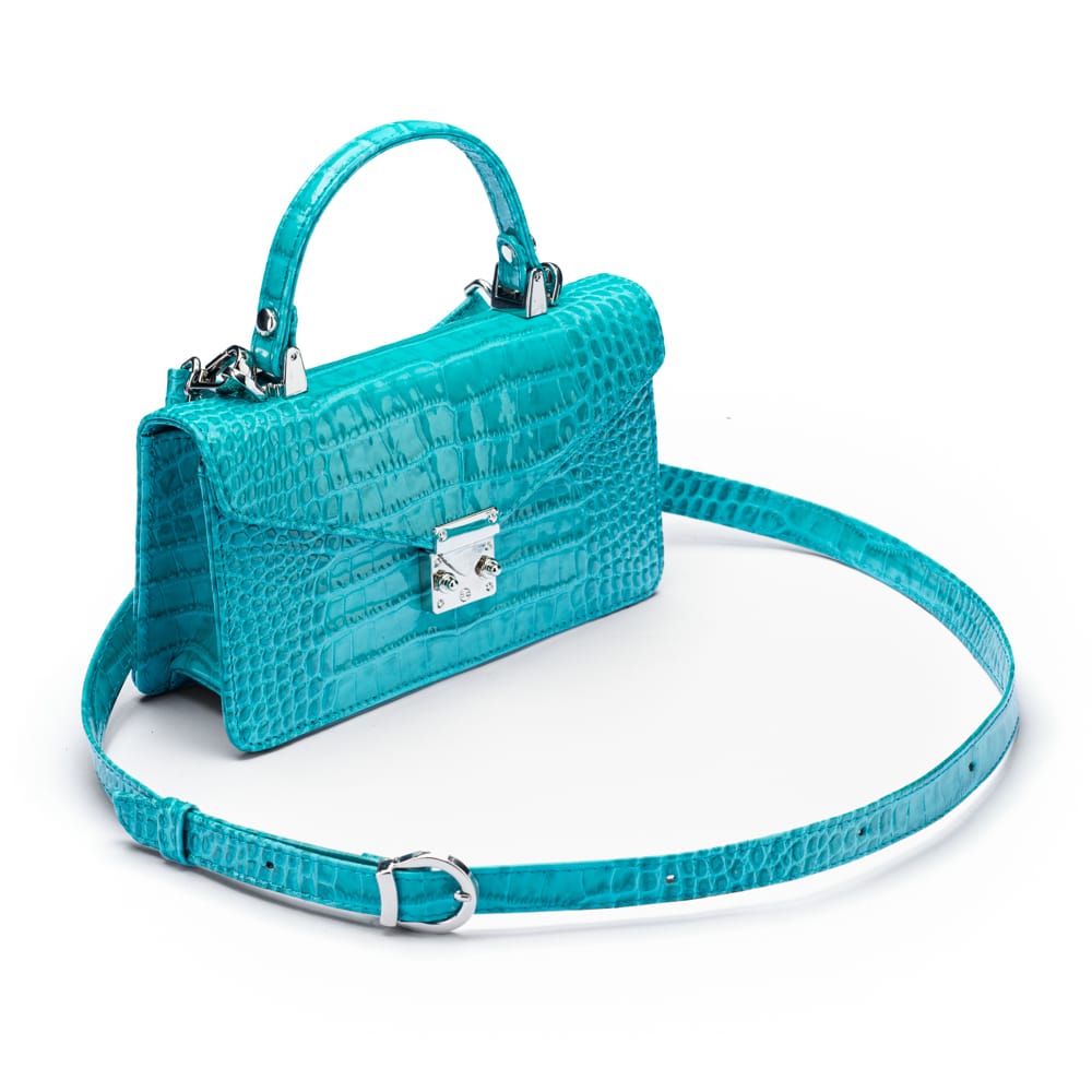 Luxury Leather Maya Top Handle Crossbody Bag, Turquoise Patent Croc,, side