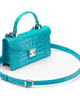 Luxury Leather Maya Top Handle Crossbody Bag, Turquoise Patent Croc,, side