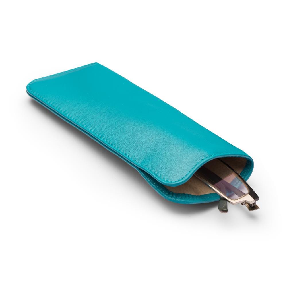 Small leather glasses case, soft turquoise, inside