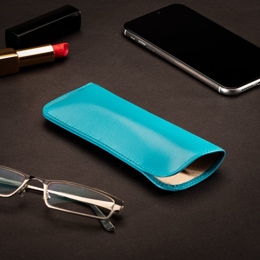 Small leather glasses case, soft turquoise, lifestyle