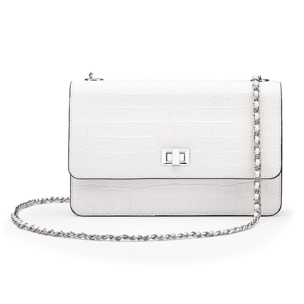 Leather chain bag, white croc, front