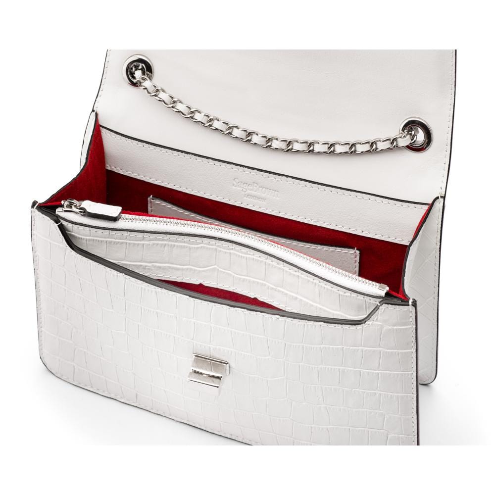 Leather chain bag, white croc, inside