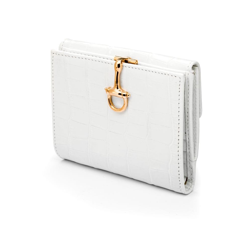 Leather purse with brass clasp, white croc, front