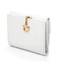 Leather purse with brass clasp, white croc, front