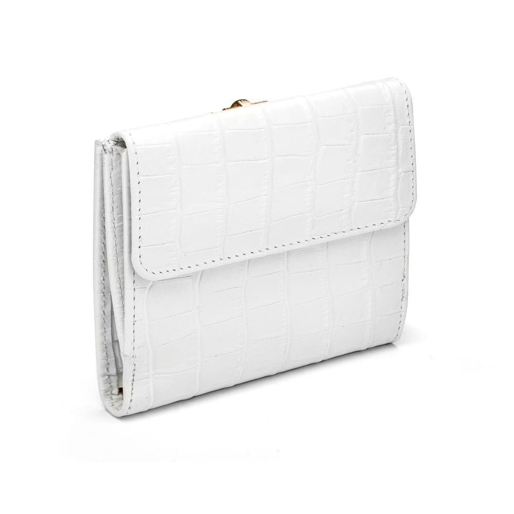 Leather purse with brass clasp, white croc, back