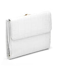 Leather purse with brass clasp, white croc, back