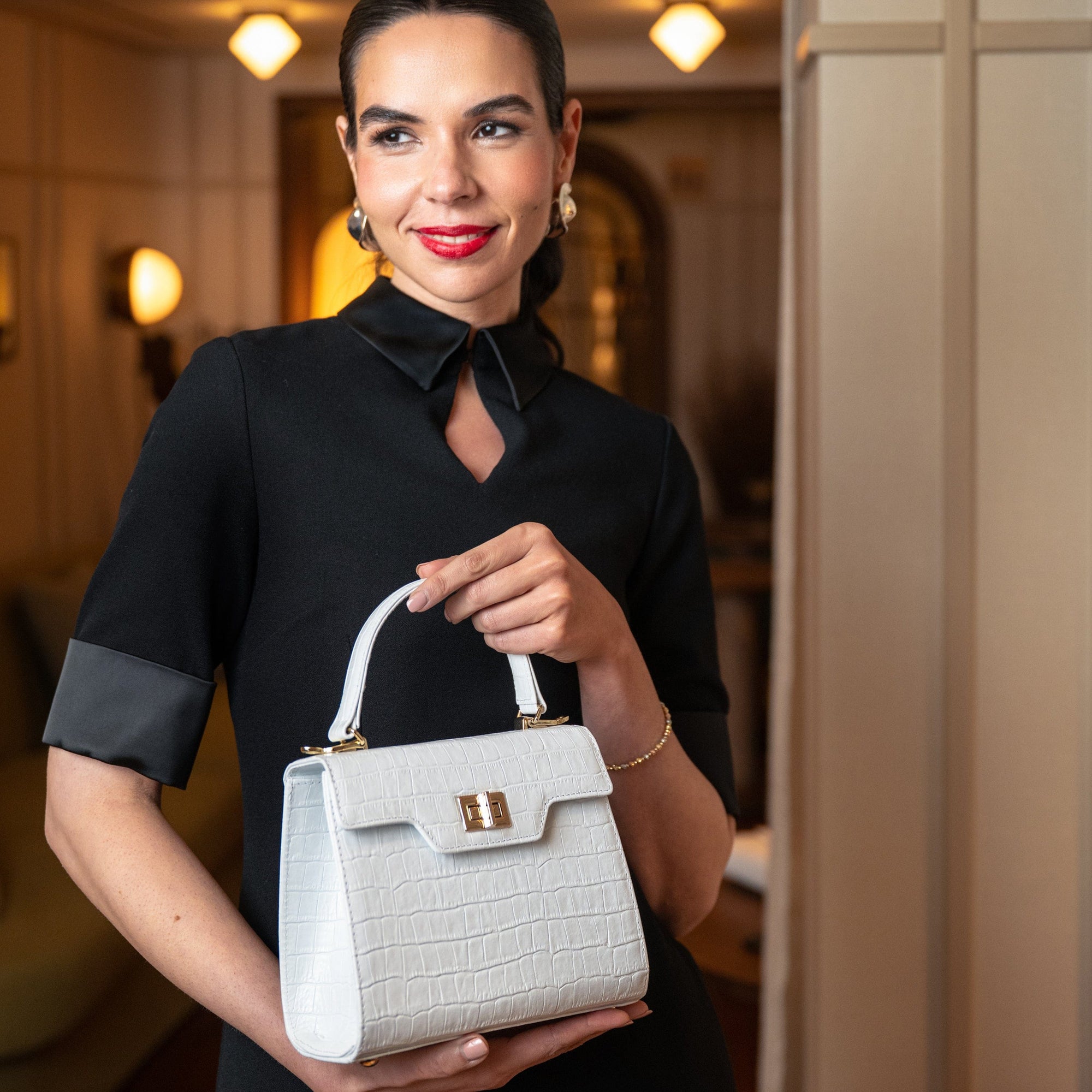 Mini leather Morgan Bag, top handle bag, white croc, lifestyle