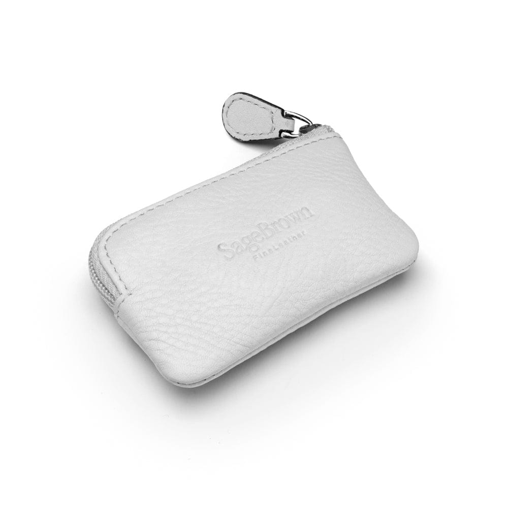 Miniature leather coin purse with key chain, white, back