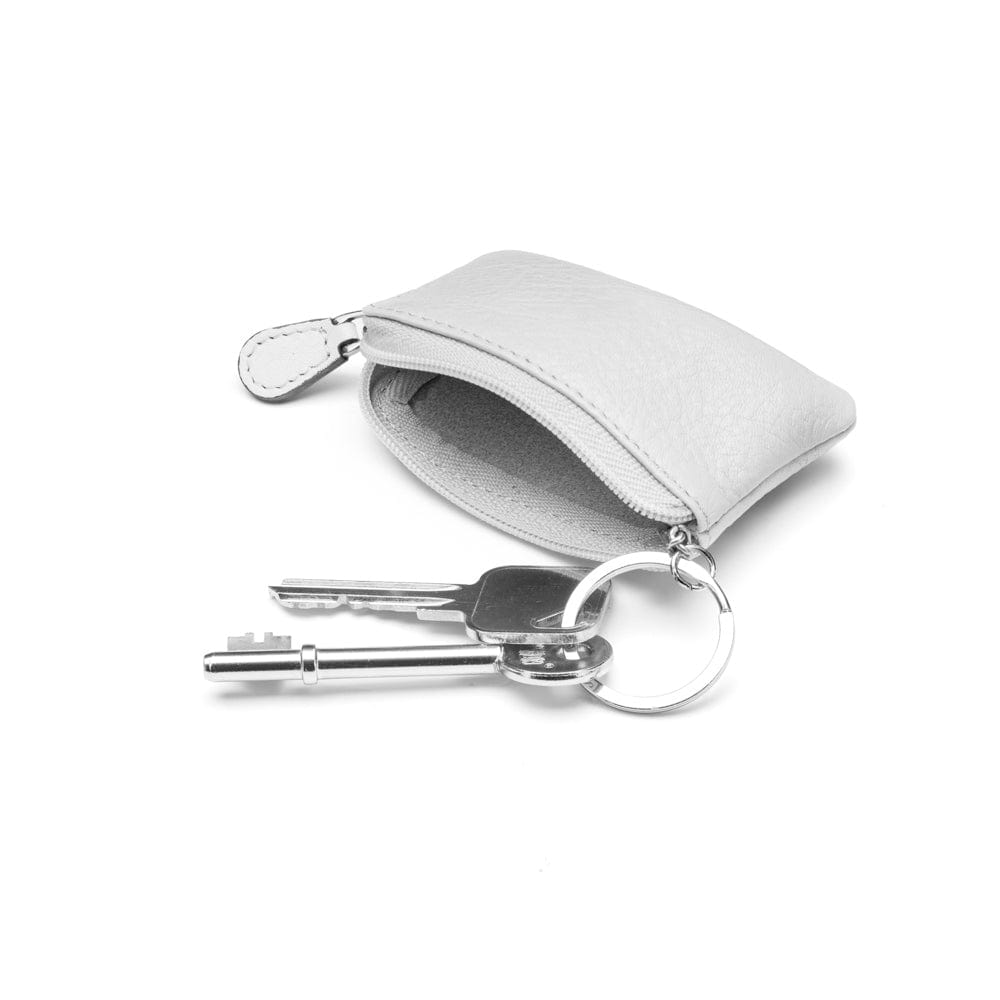 Miniature leather coin purse with key chain, white, inside