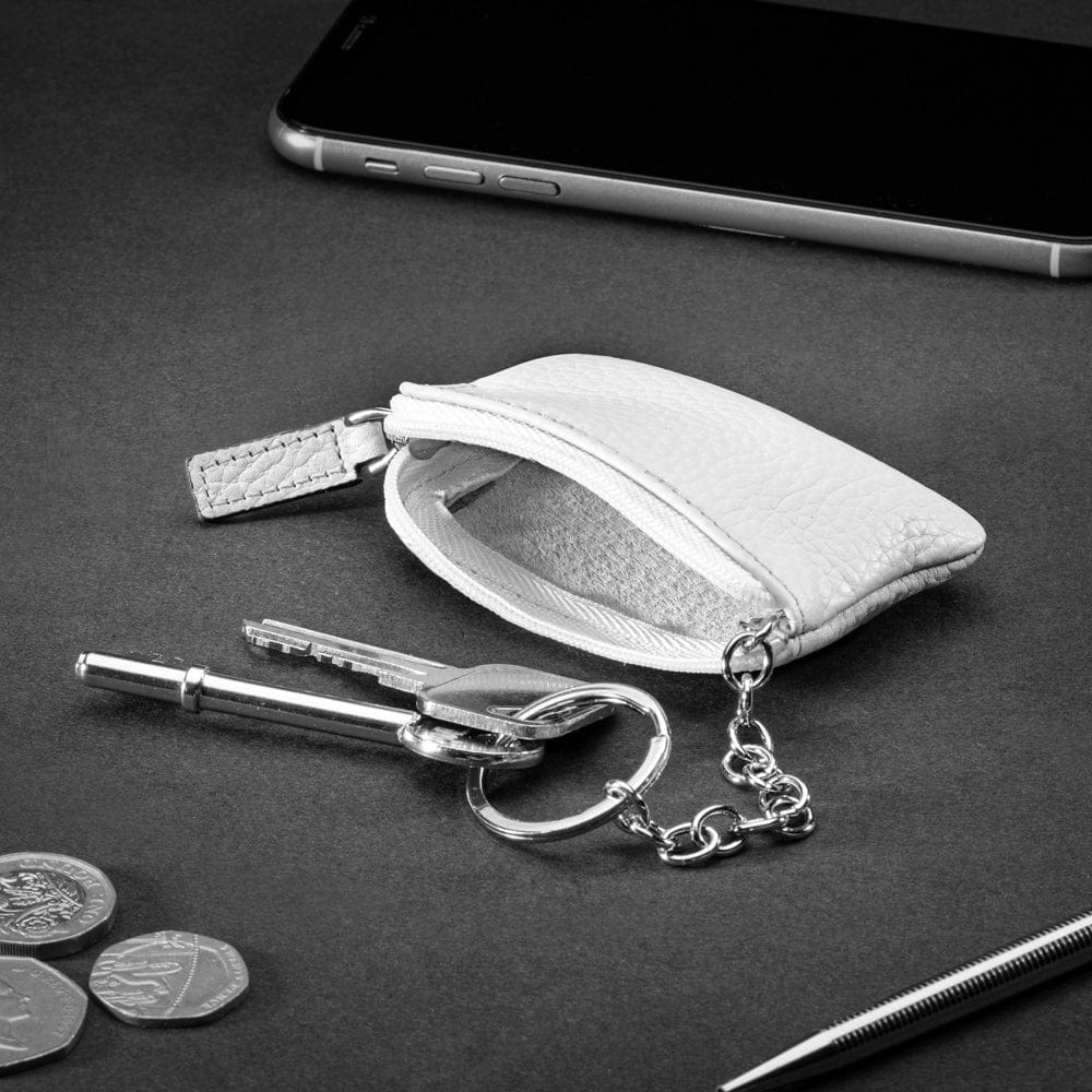 Miniature leather coin purse with key chain, white, lifestyle