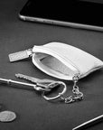 Miniature leather coin purse with key chain, white, lifestyle