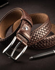 Woven leather belt for men, brown, lifestyle