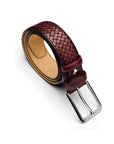 Woven leather belt for men, burnished burgundy