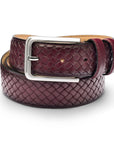 Woven leather belt for men, burnished burgundy, buckle