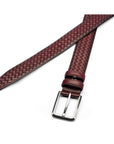 Woven leather belt for men, burnished burgundy, chisel tip