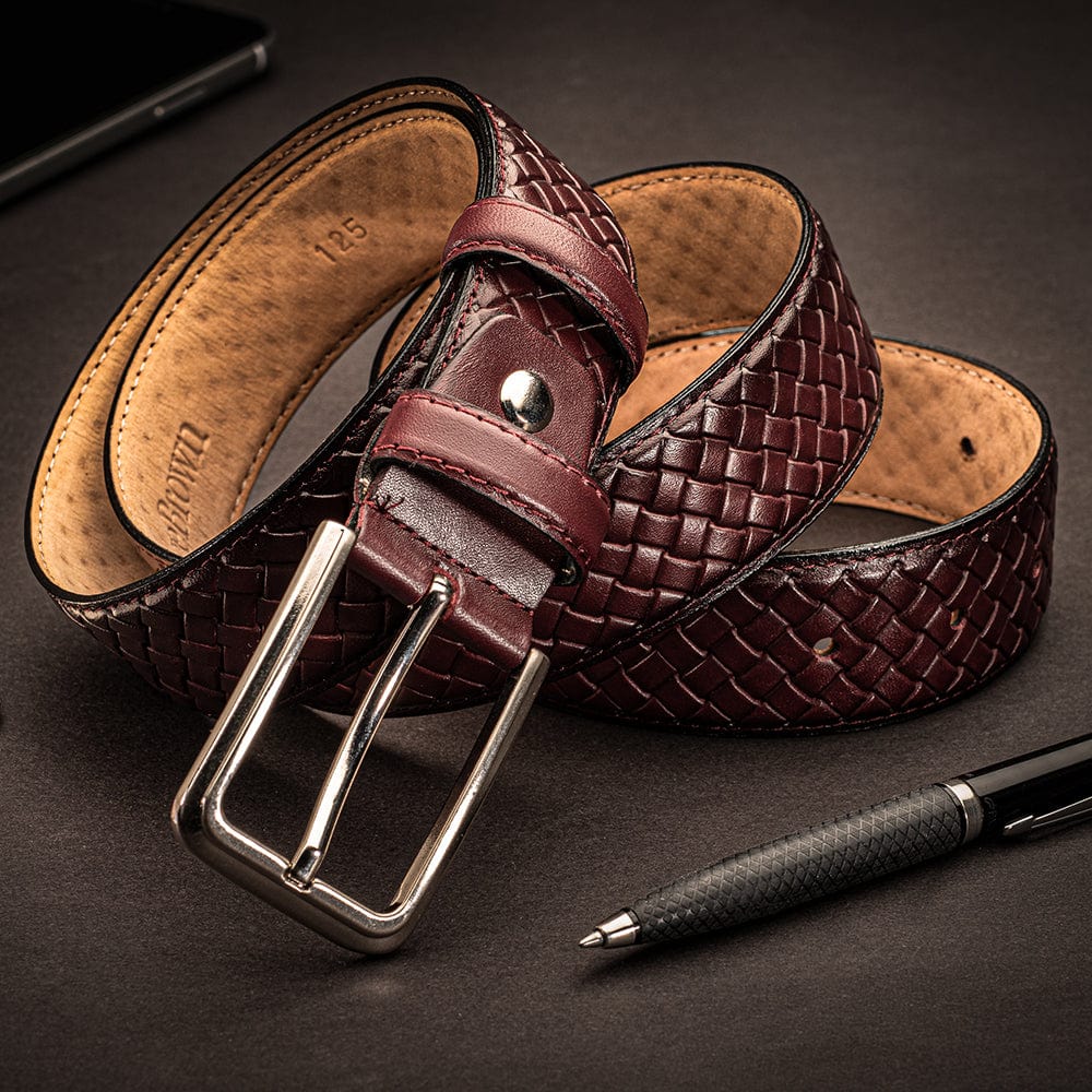 Woven leather belt for men, burnished burgundy, lifestyle