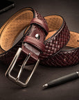 Woven leather belt for men, burnished burgundy, lifestyle