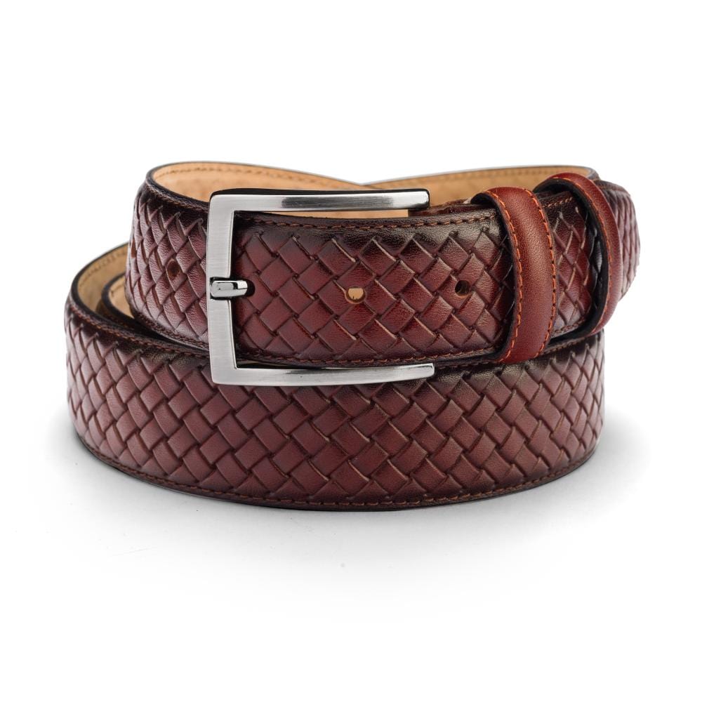 Woven leather belt for men, burnished dark tan, buckle