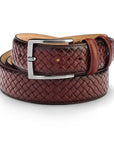 Woven leather belt for men, burnished dark tan, buckle