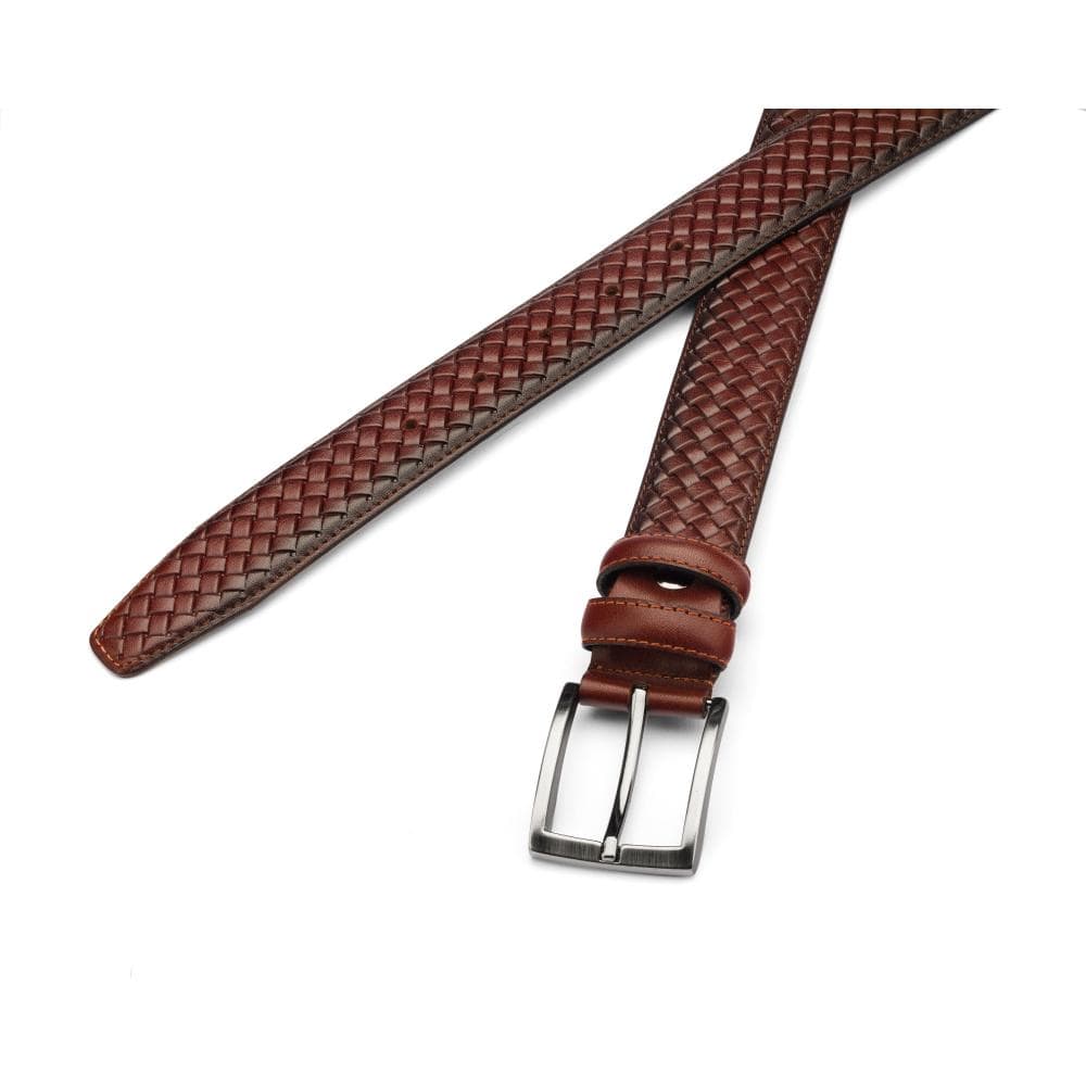 Woven leather belt for men, burnished dark tan, chisel tip