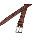 Woven leather belt for men, burnished dark tan, chisel tip