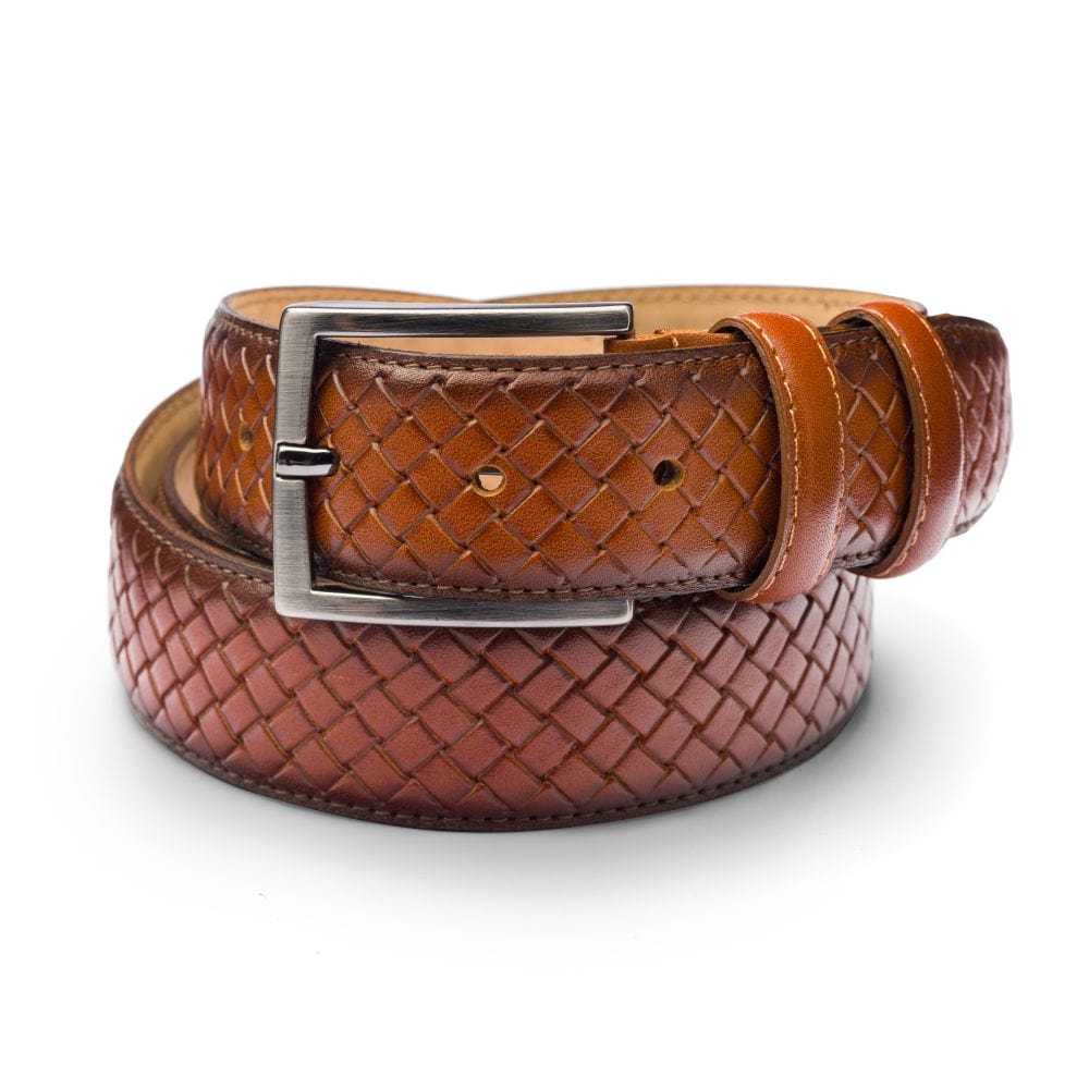 Woven leather belt for men, burnished tan, buckle