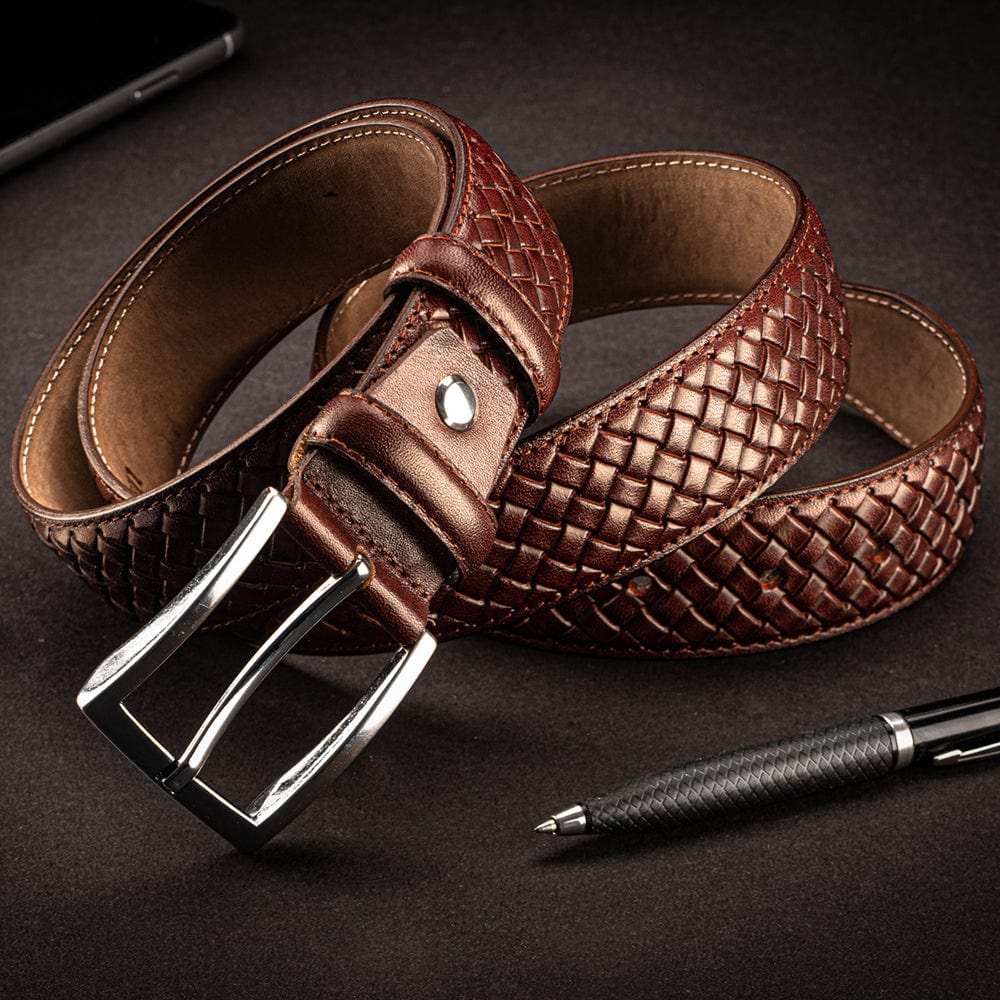 Woven leather belt for men, dark tan, lifestyle