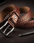 Woven leather belt for men, dark tan, lifestyle