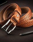 Woven leather belt for men, light tan, lifestyle