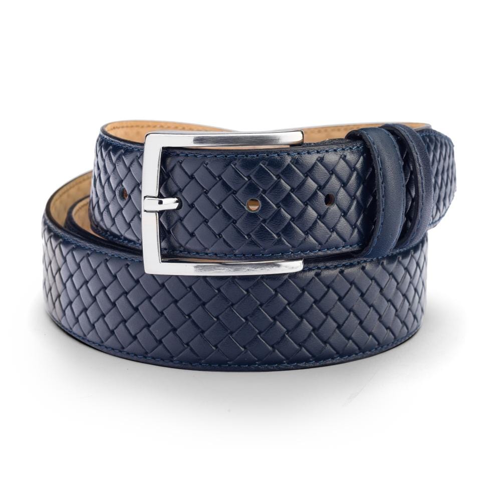 Woven leather belt for men, navy, buckle