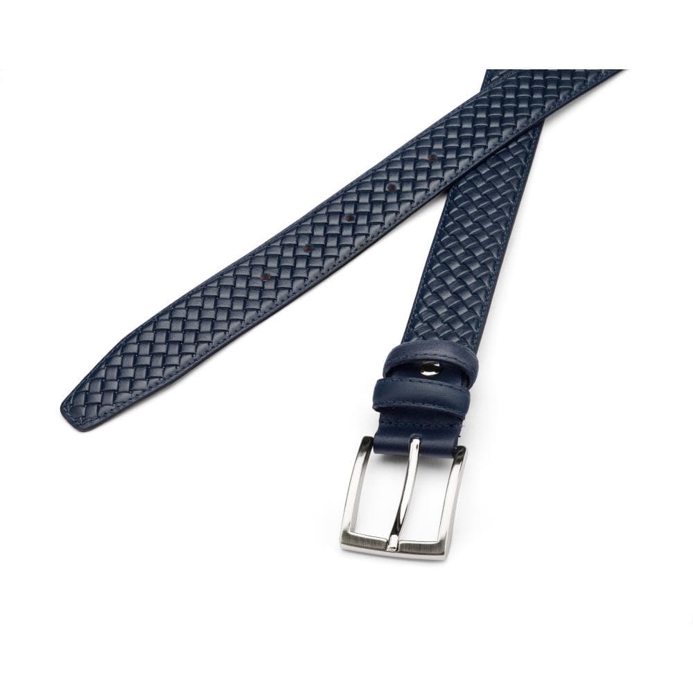 Woven leather belt for men, navy, chisel tip