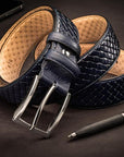 Woven leather belt for men, navy, lifestyle