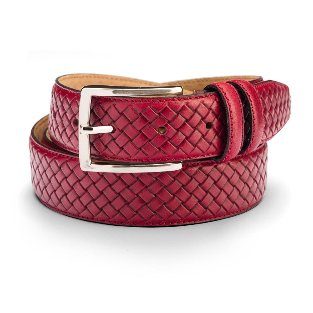 Woven leather belt for men, red, buckle