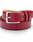 Woven leather belt for men, red, buckle