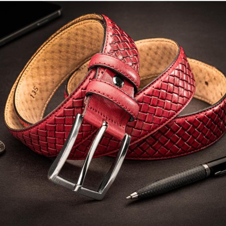 Woven leather belt for men, red, lifestyle