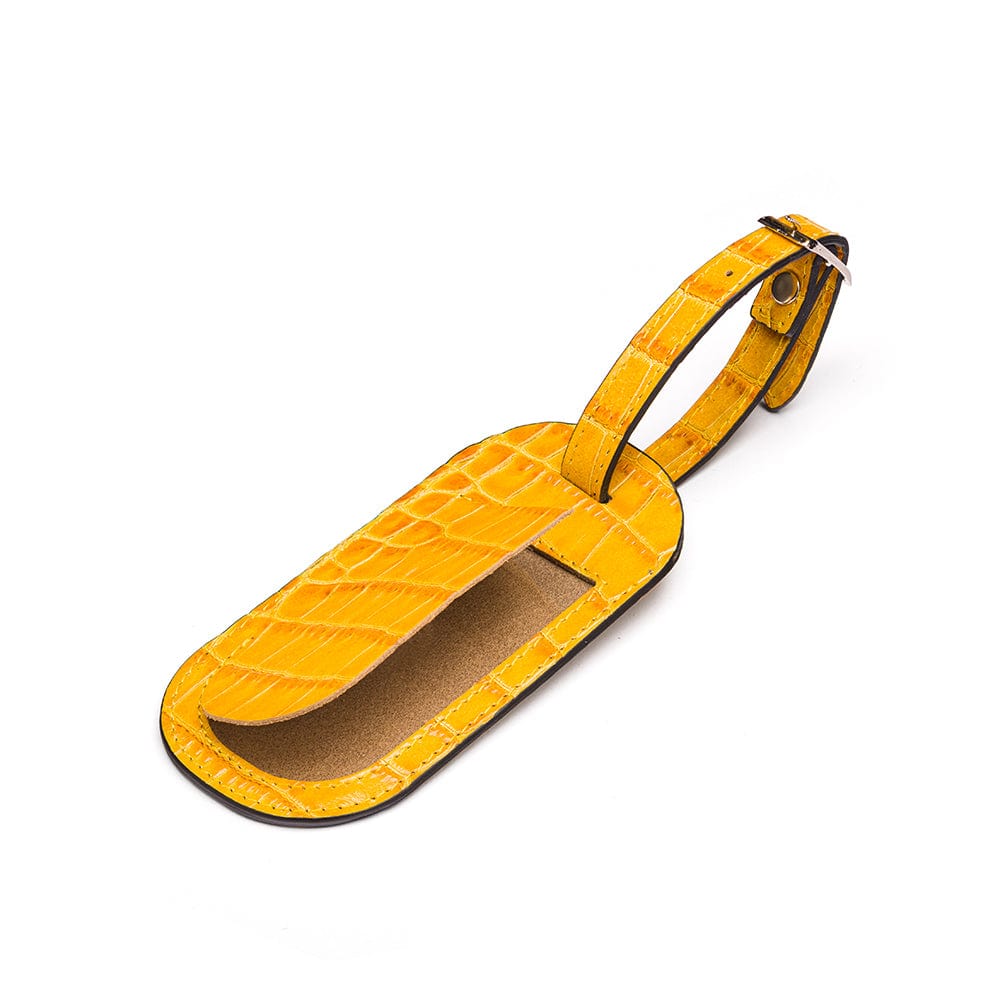 Leather luggage tag, yellow croc, front open