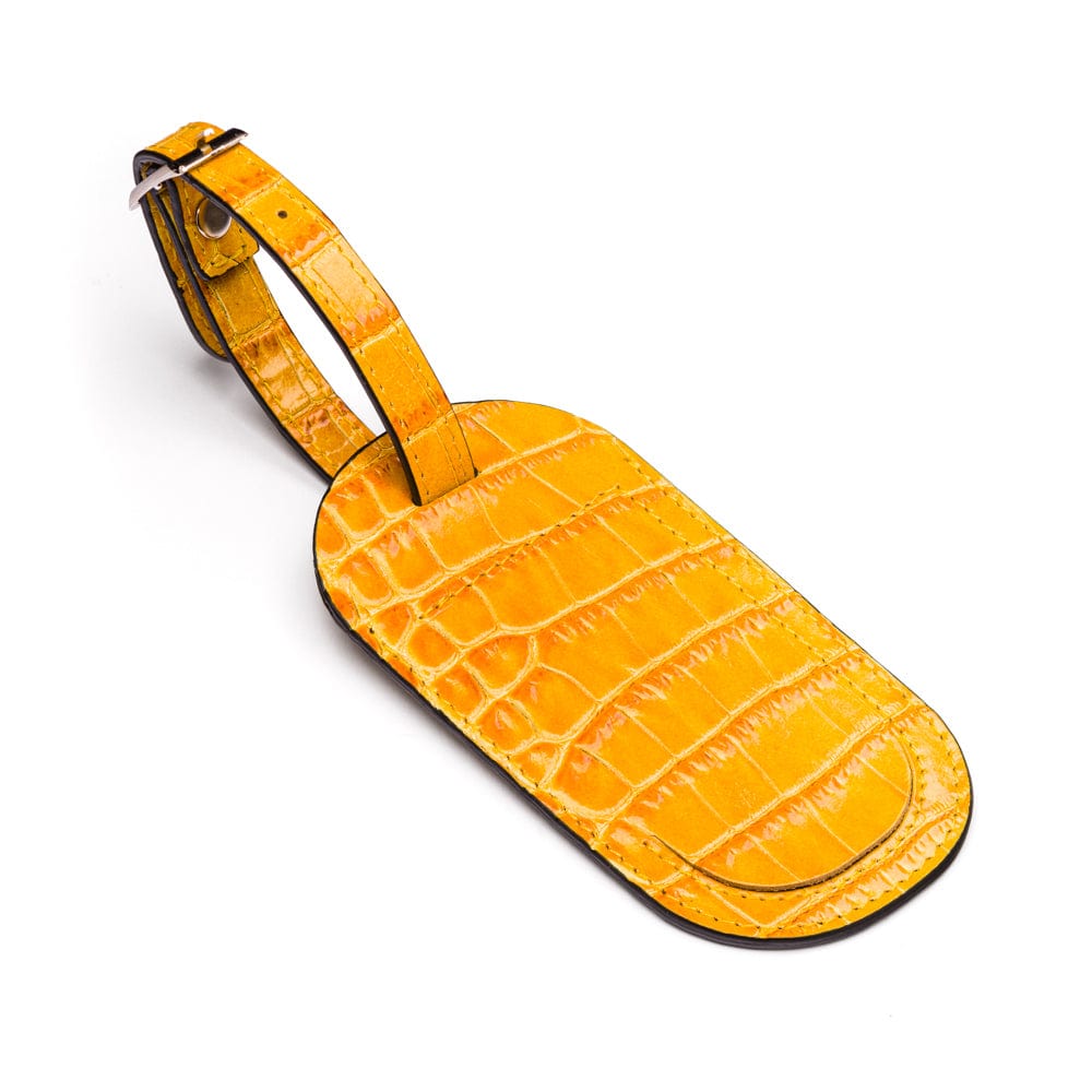 Leather luggage tag, yellow croc, front