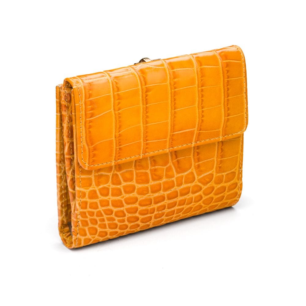 Leather purse with brass clasp, yellow croc, back