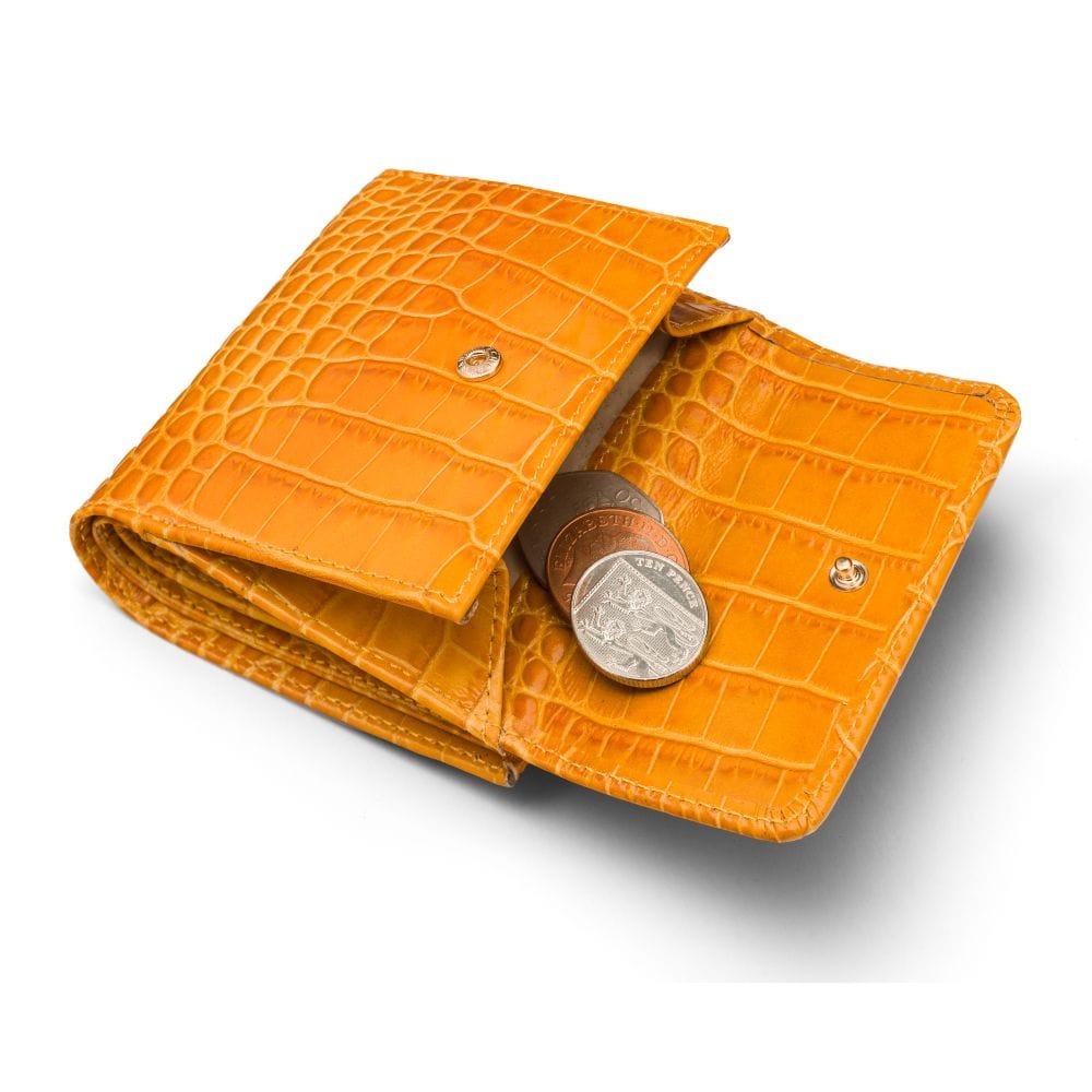Leather purse with brass clasp, yellow croc, coin purse
