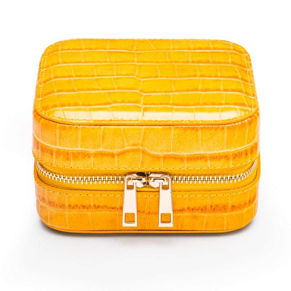 Leather travel jewellery case with zip, yellow croc, front