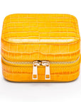 Leather travel jewellery case with zip, yellow croc, front