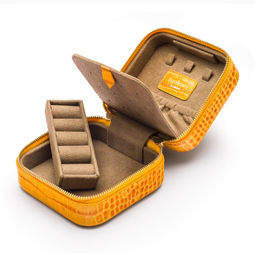 Leather travel jewellery case with zip, yellow croc, open