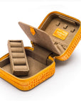 Leather travel jewellery case with zip, yellow croc, open