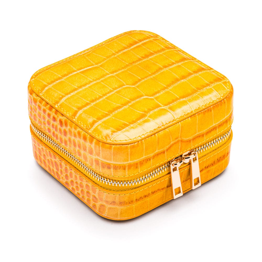 Leather travel jewellery case with zip, yellow croc, side view