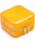 Leather travel jewellery case with zip, yellow croc, side view