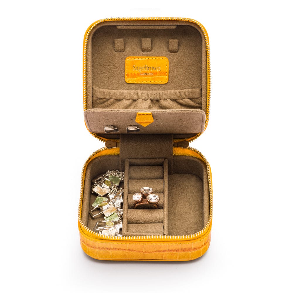 Leather travel jewellery case with zip, yellow croc, inside