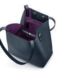 Leather tote bag, navy, inside closed