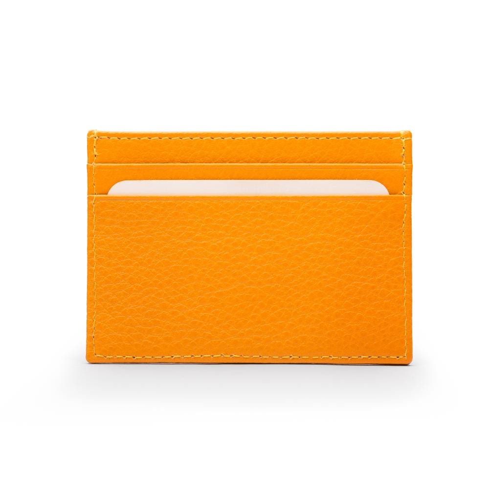 Flat leather credit card wallet 4 CC, yellow pebble grain, front