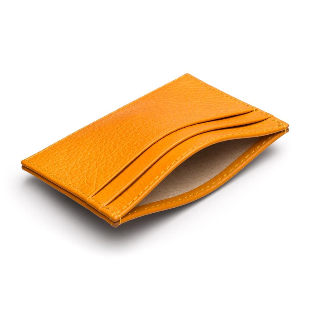 Flat leather credit card wallet 4 CC, yellow pebble grain, inside