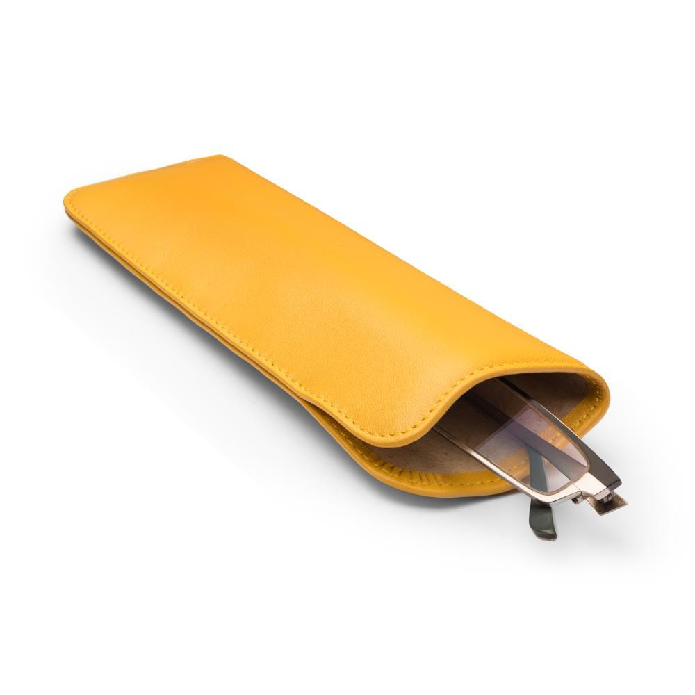 Large leather glasses case. soft yellow, inside